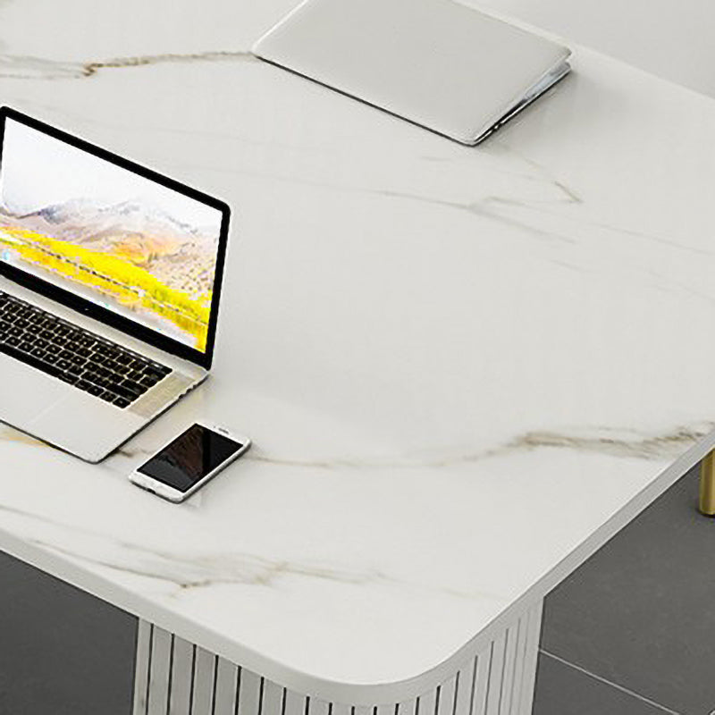 Tavolo da laptop rettangolare da ufficio grigio/scrivania in pietra bianca con 2 gambe