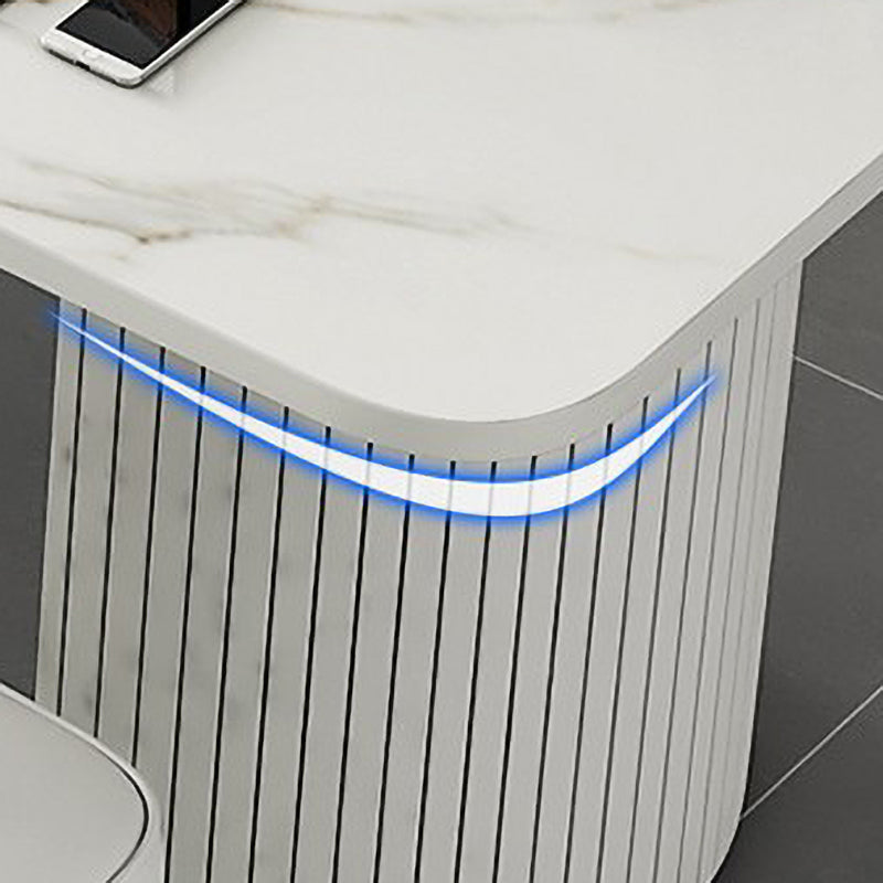 Tavolo da laptop rettangolare da ufficio grigio/scrivania in pietra bianca con 2 gambe