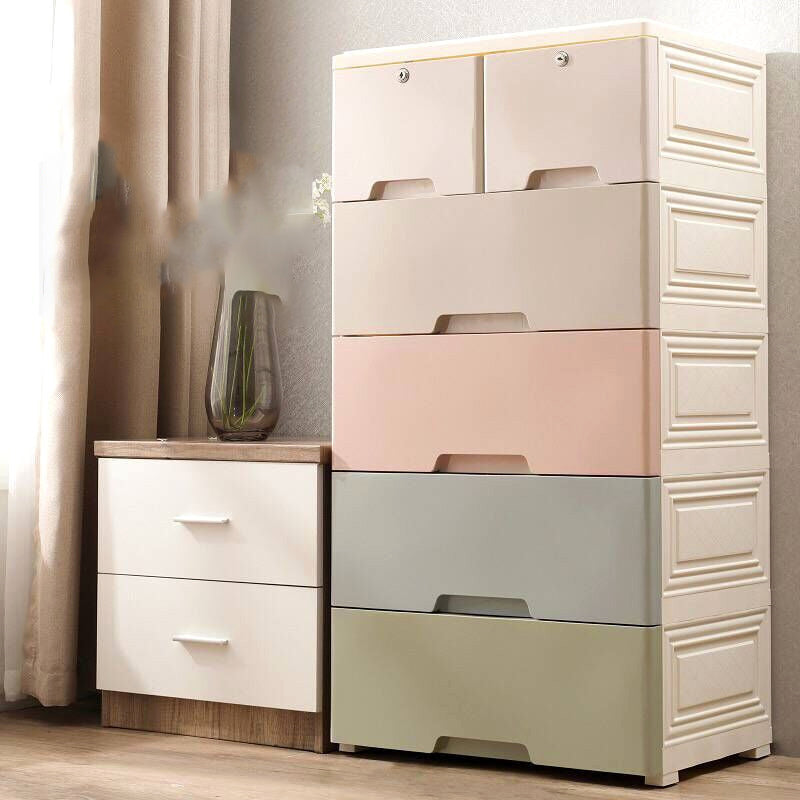 Bedroom Drawers Wardrobe Cabinet Modern Plastic Storage Cabinet 23"L x 16"W x 44"H White-Pink Clearhalo 'Armoires & Wardrobes' 'armoires_wardrobes' 'Bedroom Furniture' 'furn' 'furn_armoires_wardrobes' 'Furniture' 7724577