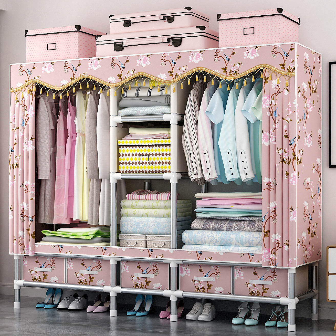 Rectangular Metal Wardrobe Industrial Style Simple Bedroom Wardrobe Closet 77"L x 18"W x 67"H Pink Clearhalo 'Armoires & Wardrobes' 'armoires_wardrobes' 'Bedroom Furniture' 'furn' 'furn_armoires_wardrobes' 'Furniture' 7724635