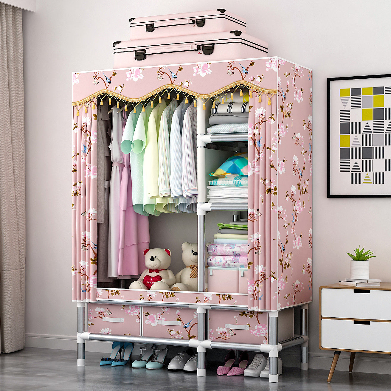Rectangular Metal Wardrobe Industrial Style Simple Bedroom Wardrobe Closet 47"L x 18"W x 67"H Pink Clearhalo 'Armoires & Wardrobes' 'armoires_wardrobes' 'Bedroom Furniture' 'furn' 'furn_armoires_wardrobes' 'Furniture' 7724648
