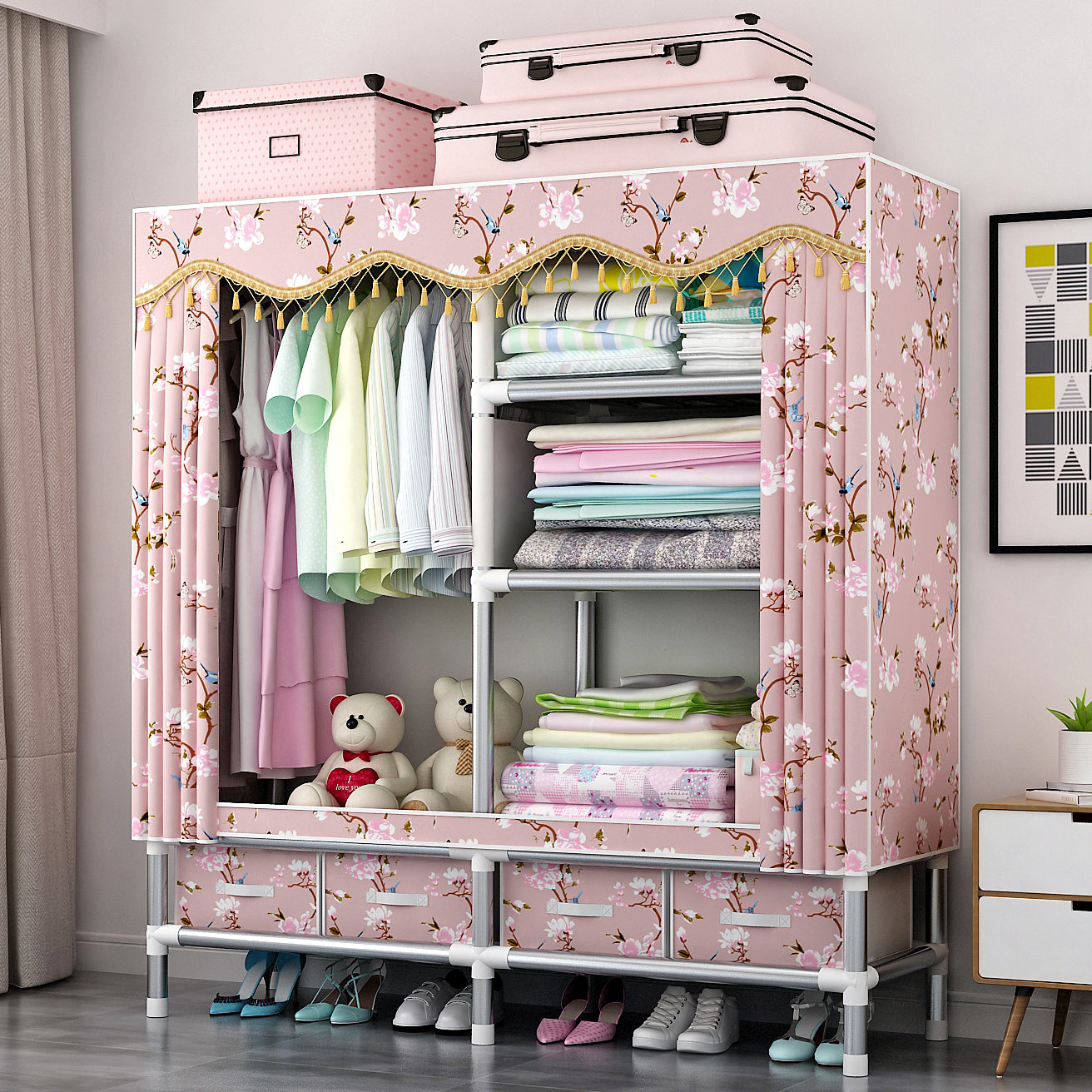 Rectangular Metal Wardrobe Industrial Style Simple Bedroom Wardrobe Closet 62.2"L x 17.7"W x 66.9"H Pink Clearhalo 'Armoires & Wardrobes' 'armoires_wardrobes' 'Bedroom Furniture' 'furn' 'furn_armoires_wardrobes' 'Furniture' 7724658