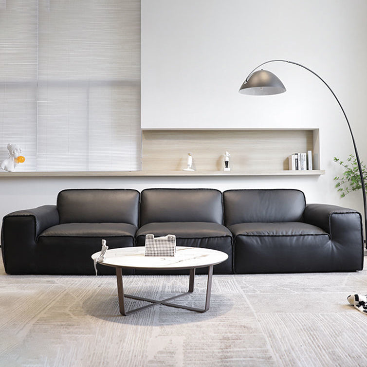 Canapé de bras carré en cuir authentique noir contemporain avec oreillers