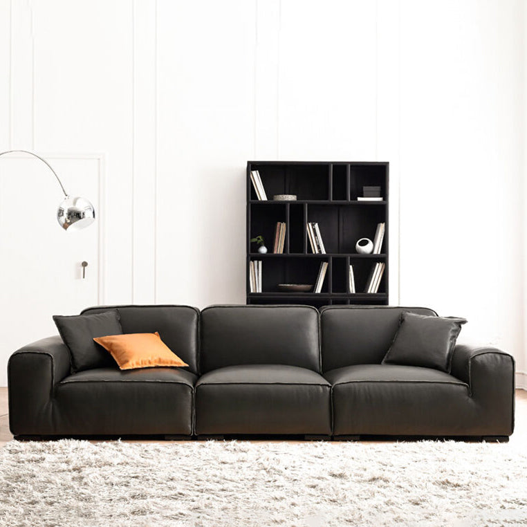 Canapé de bras carré en cuir authentique noir contemporain avec oreillers