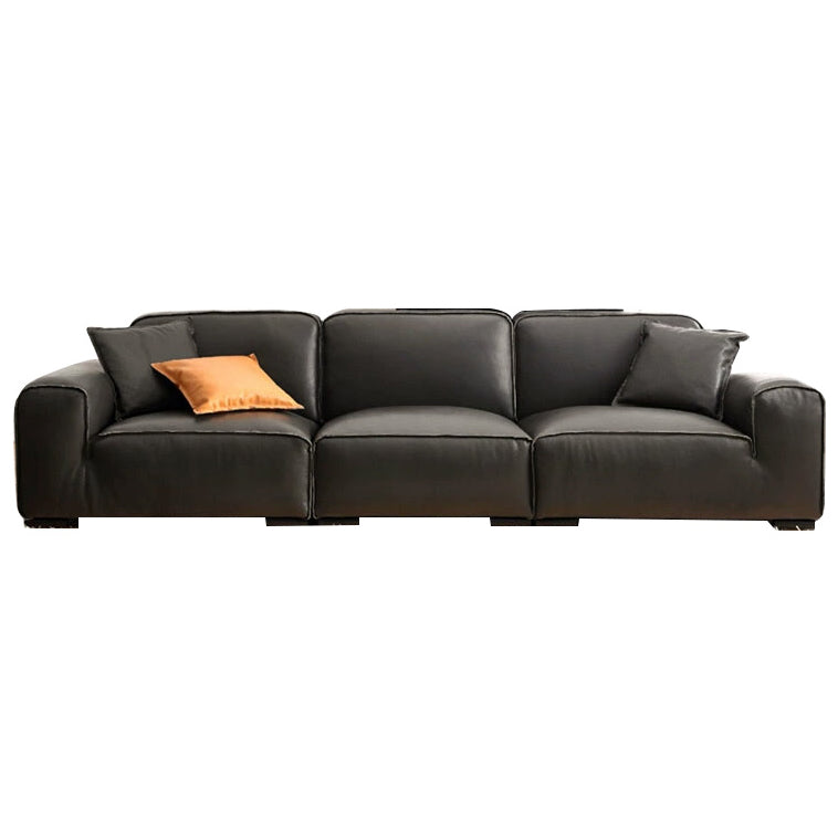 Canapé de bras carré en cuir authentique noir contemporain avec oreillers