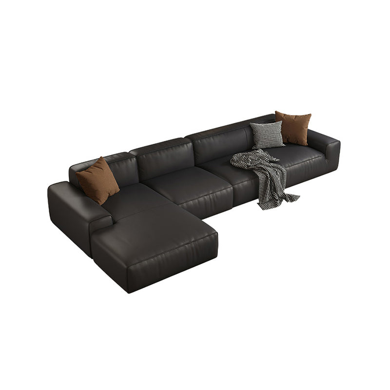 Canapé de bras carré en cuir authentique noir contemporain avec oreillers