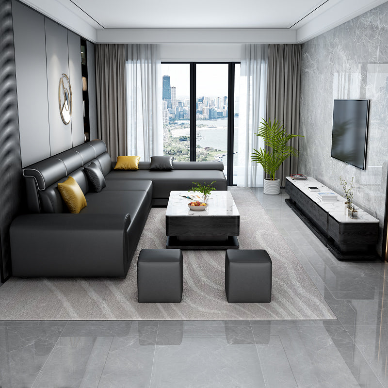 リビングルーム用の4席のコンテンポラリーファブリック/フェイクレザーピロートップアームソファソファ