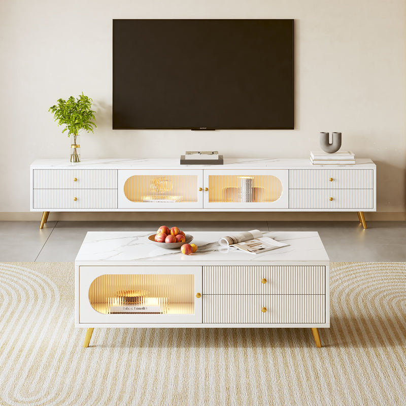 Glam Rectangle Solid Wood Coffee Table 4 Legs with 4 Drawers