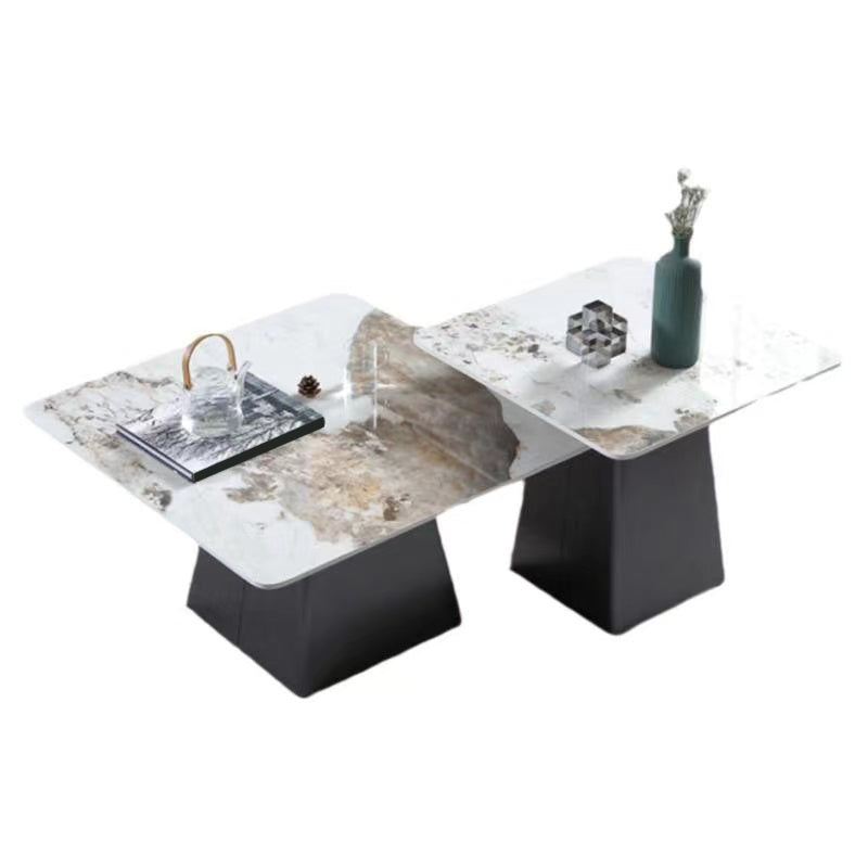 Mesa de cóctel superior de pizarra redonda con base de metal negro contemporáneo