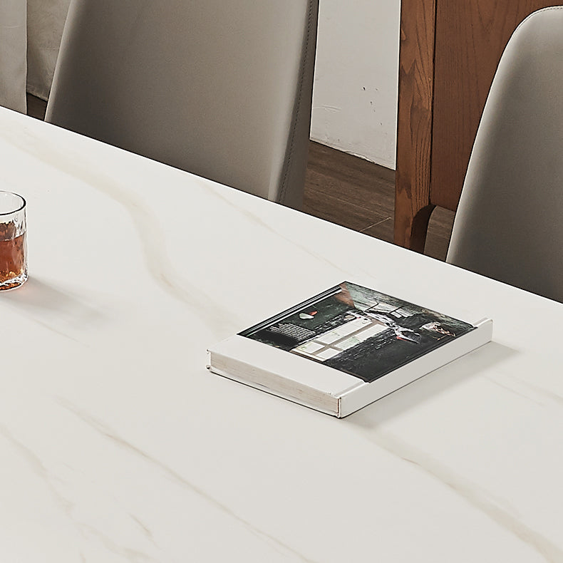 Mesa de comedor rectangular de piedra blanca contemporánea con 4 pies