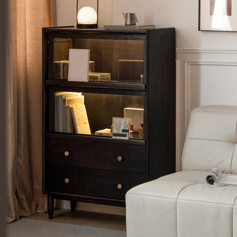 黒い固体のキュリオキャビネット照明付きモダンなガラスのドア