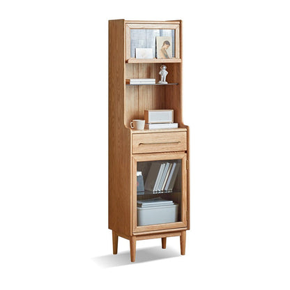 Modern Living Room Curio Cabinet Solid Wood Glass Doors with Drawer