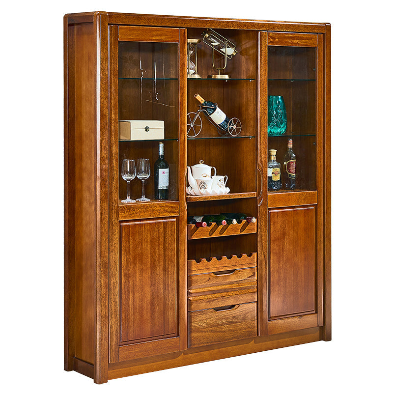 Modern Brown Walnut Freestanding Wine Holder with Storage Shelves