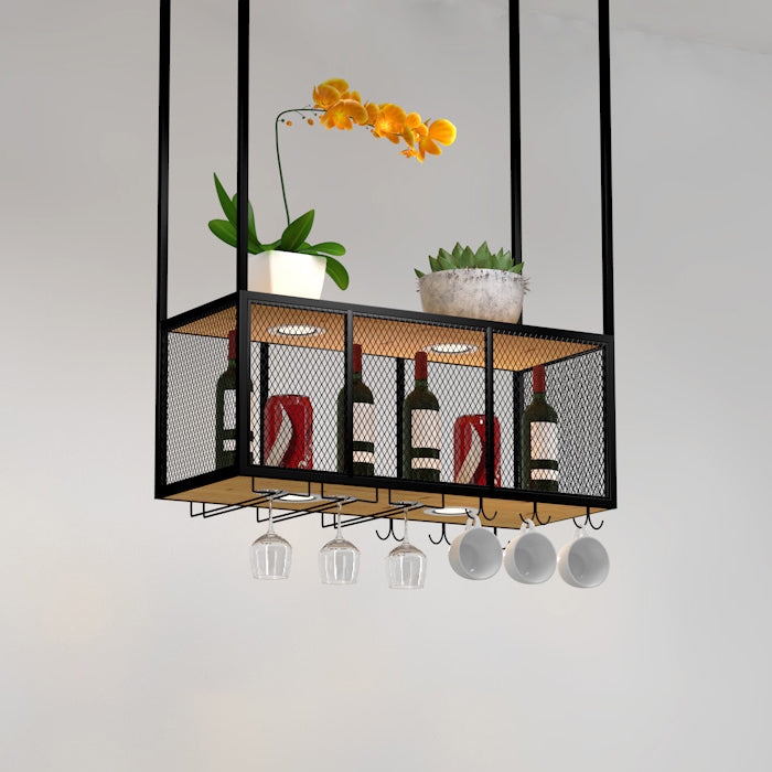 Black Metal Hanging Wine Holder with Glass Holder & Storage Shelf 39"L x 12"W x 31"H Clearhalo 'furn' 'furn_wine_racks' 'Furniture' 'Kitchen & Dining Furniture' 'Wine Racks' 'wine_racks' 7738490