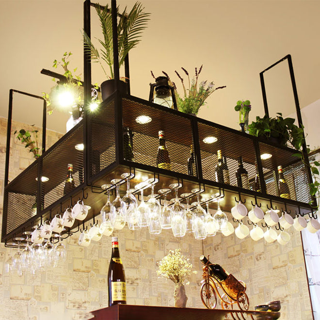 Black Metal Hanging Wine Holder with Glass Holder & Storage Shelf Clearhalo 'furn' 'furn_wine_racks' 'Furniture' 'Kitchen & Dining Furniture' 'Wine Racks' 'wine_racks' 7738496