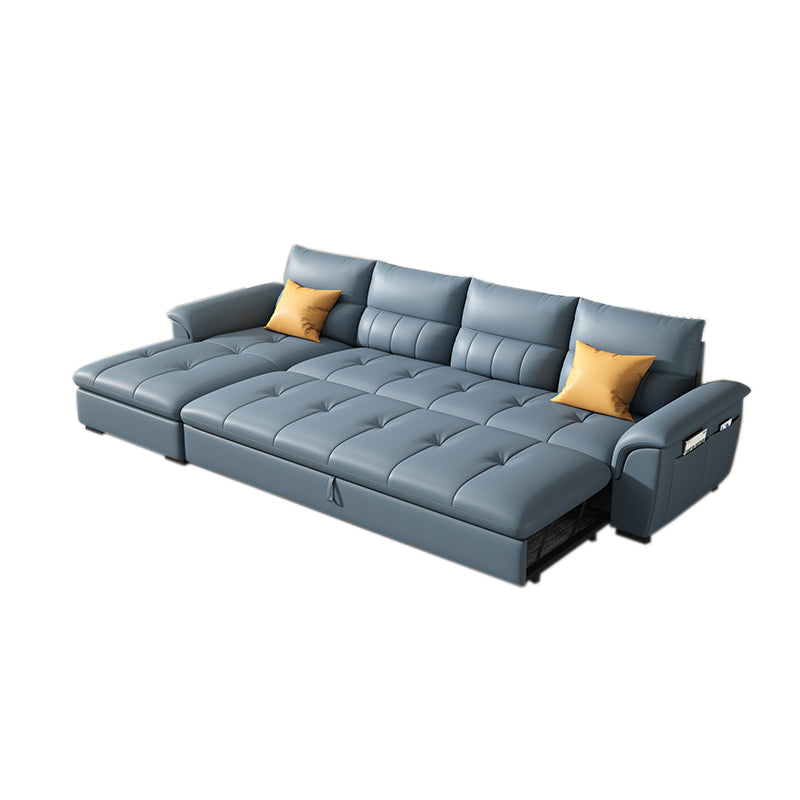 Stainless Steel Blue Genuine Leather Living Room Flared Arm Sofa 3-Seater Sofa with Chaise Lounge Genuine Leather Clearhalo 'furn' 'furn_sofas' 'Furniture' 'Living Room Furniture' 'Sofa' 'sofas' 7741260