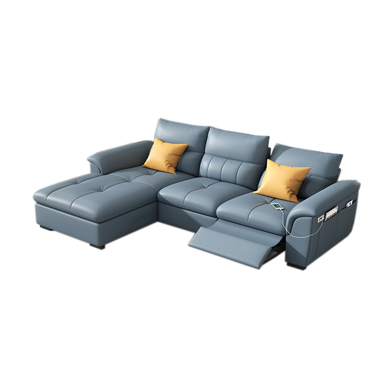Stainless Steel Blue Genuine Leather Living Room Flared Arm Sofa 1-Seater Sofa & 1-Seater Sofa & Chaise Lounge 94"L x 65"W x 35"H Genuine Leather Clearhalo 'furn' 'furn_sofas' 'Furniture' 'Living Room Furniture' 'Sofa' 'sofas' 7741266