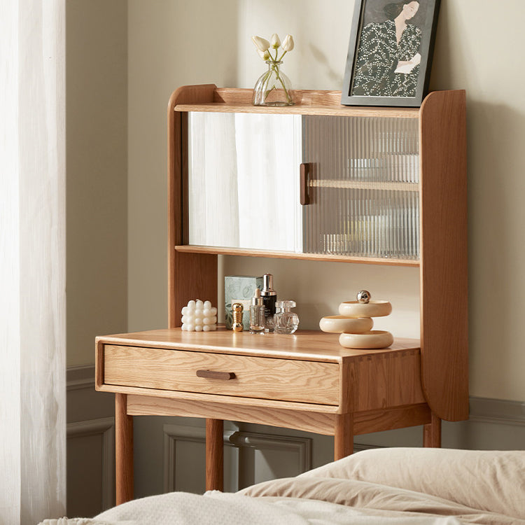 51.97" High 1-Drawer Vanity Desk/Mirror and Stool in Cherry Wood Clearhalo 'Bedroom Furniture' 'furn' 'furn_makeup_vanities' 'Furniture' 'Makeup Vanities' 'makeup_vanities' 7741451