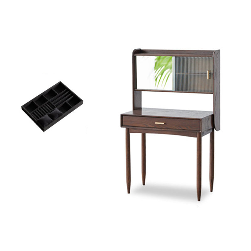 51.97" High 1-Drawer Vanity Desk/Mirror and Stool in Cherry Wood Vanity & Jewelry Box 30"L x 17"W x 52"H Dark Walnut Clearhalo 'Bedroom Furniture' 'furn' 'furn_makeup_vanities' 'Furniture' 'Makeup Vanities' 'makeup_vanities' 7741459
