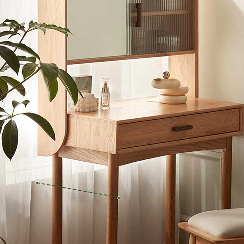 51.97" High 1-Drawer Vanity Desk/Mirror and Stool in Cherry Wood Clearhalo 'Bedroom Furniture' 'furn' 'furn_makeup_vanities' 'Furniture' 'Makeup Vanities' 'makeup_vanities' 7741462