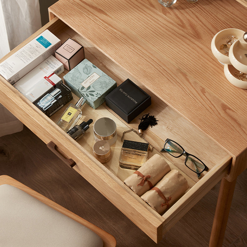 51.97" High 1-Drawer Vanity Desk/Mirror and Stool in Cherry Wood Clearhalo 'Bedroom Furniture' 'furn' 'furn_makeup_vanities' 'Furniture' 'Makeup Vanities' 'makeup_vanities' 7741464