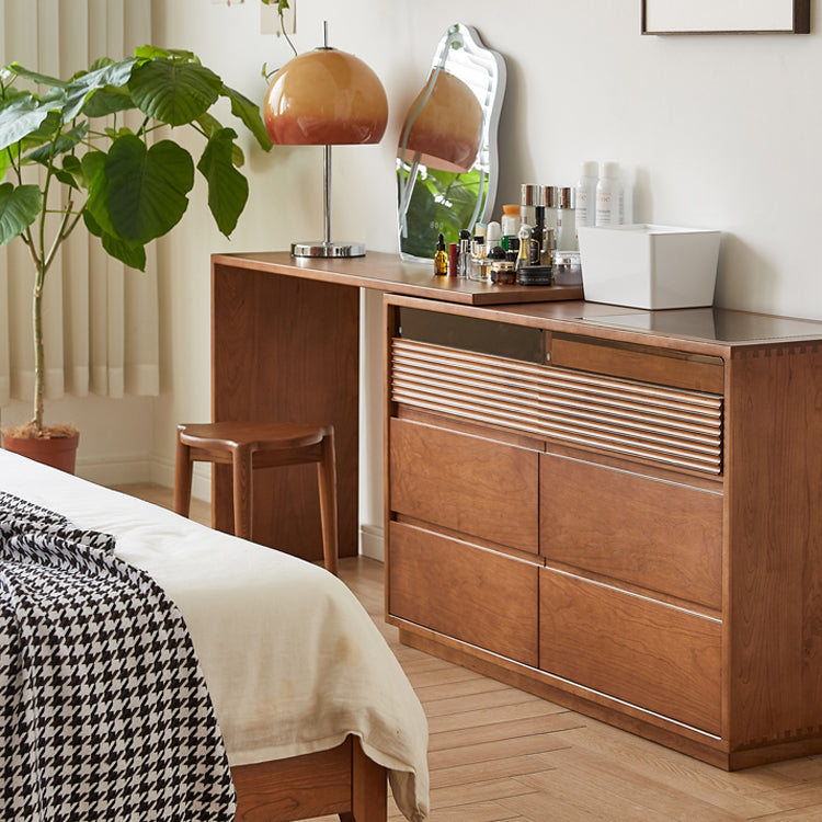 Traditional Wood & Glass Vanity Desk in Cherry with 6 Drawers - 94.5" W