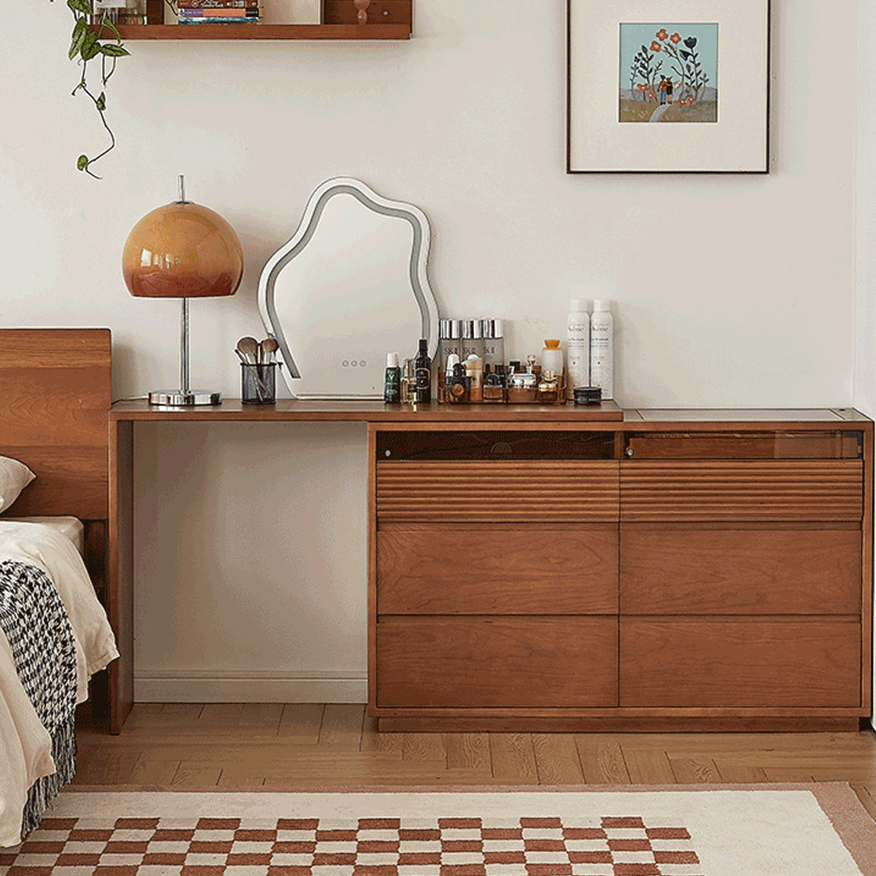 Traditional Wood & Glass Vanity Desk in Cherry with 6 Drawers - 94.5" W