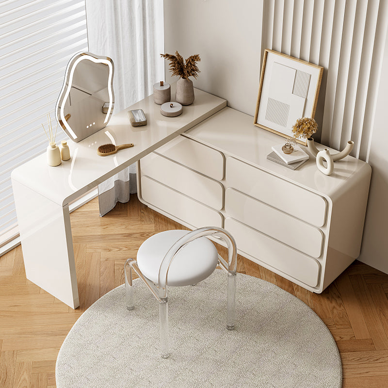 Cream Pine Wood Vanity Make up Table Set with Stool and Mirror