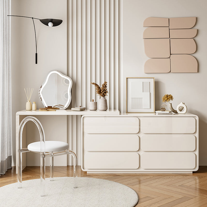 Cream Pine Wood Vanity Make up Table Set with Stool and Mirror