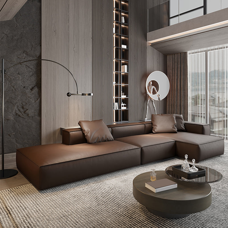 Set sezionale moderno, divano sezionale a braccio quadrato in pelle vera, marrone