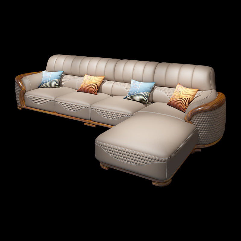 Solid Wood L-Shape Sectional Sofa Genuine Leather 3/4-Seat Sofa with Chaise 2-Seater Sofa & 1-Seater Sofa & Chaise Longue Genuine Leather Right Clearhalo 'furn' 'furn_sectionals' 'Furniture' 'Living Room Furniture' 'Sectionals' 7742357