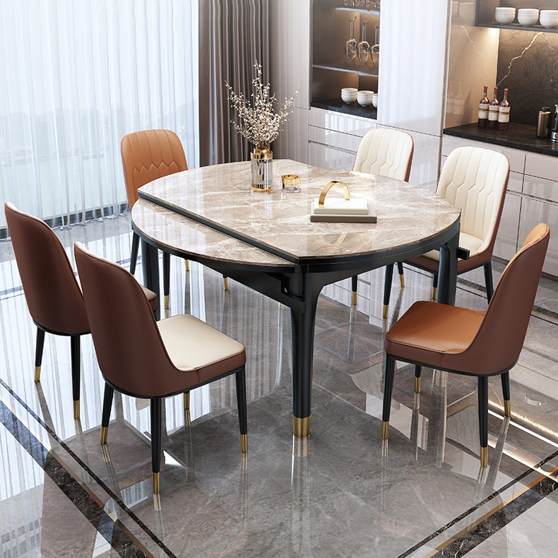 Modern Round Extendable Dining Table Stone Tabletop with Black Wood Legs Clearhalo 'Dining Tables & Seating' 'Dining Tables' 'dining_table' 'furn' 'furn_dining_table' 'Furniture' 'Kitchen & Dining Furniture' 7747039