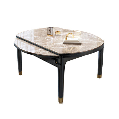 Modern Round Extendable Dining Table Stone Tabletop with Black Wood Legs Without Chairs Clearhalo 'Dining Tables & Seating' 'Dining Tables' 'dining_table' 'furn' 'furn_dining_table' 'Furniture' 'Kitchen & Dining Furniture' 7747043