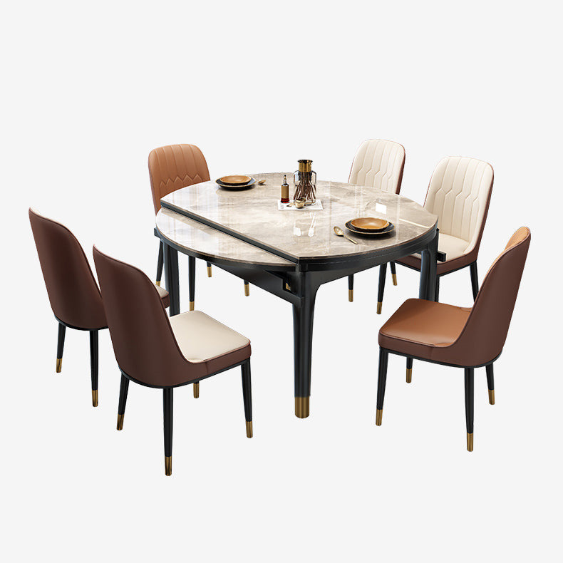Modern Round Extendable Dining Table Stone Tabletop with Black Wood Legs Clearhalo 'Dining Tables & Seating' 'Dining Tables' 'dining_table' 'furn' 'furn_dining_table' 'Furniture' 'Kitchen & Dining Furniture' 7747048