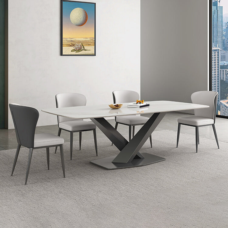 White Stone Top Dining Table Rectangular Tabletop with Metal Pedestal Base Clearhalo 'Dining Tables & Seating' 'Dining Tables' 'dining_table' 'furn' 'furn_dining_table' 'Furniture' 'Kitchen & Dining Furniture' 7747052