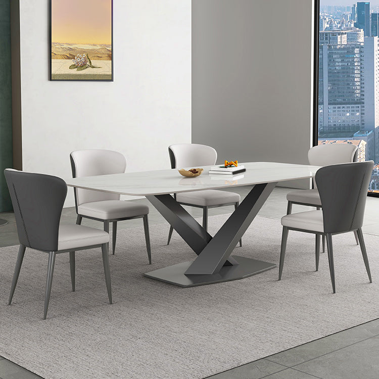 White Stone Top Dining Table Rectangular Tabletop with Metal Pedestal Base Clearhalo 'Dining Tables & Seating' 'Dining Tables' 'dining_table' 'furn' 'furn_dining_table' 'Furniture' 'Kitchen & Dining Furniture' 7747053