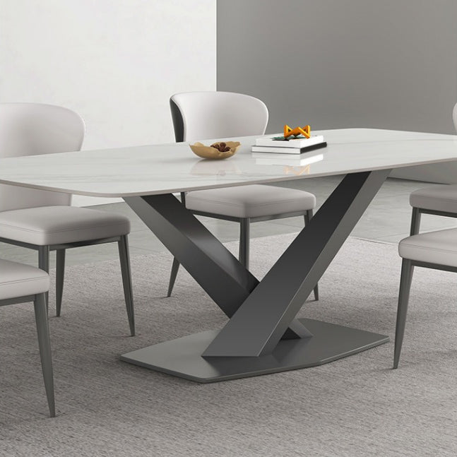 White Stone Top Dining Table Rectangular Tabletop with Metal Pedestal Base Clearhalo 'Dining Tables & Seating' 'Dining Tables' 'dining_table' 'furn' 'furn_dining_table' 'Furniture' 'Kitchen & Dining Furniture' 7747059