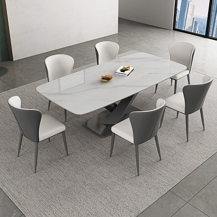 White Stone Top Dining Table Rectangular Tabletop with Metal Pedestal Base Clearhalo 'Dining Tables & Seating' 'Dining Tables' 'dining_table' 'furn' 'furn_dining_table' 'Furniture' 'Kitchen & Dining Furniture' 7747061