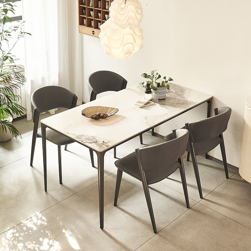 Modern Minimalist White Stone Top Black Base Dining Room Table with 4 Legs Base Clearhalo 'Dining Tables & Seating' 'Dining Tables' 'dining_table' 'furn' 'furn_dining_table' 'Furniture' 'Kitchen & Dining Furniture' 7747110