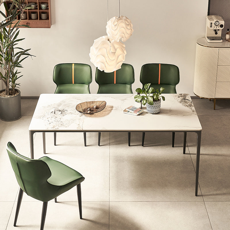 Modern Minimalist White Stone Top Black Base Dining Room Table with 4 Legs Base Clearhalo 'Dining Tables & Seating' 'Dining Tables' 'dining_table' 'furn' 'furn_dining_table' 'Furniture' 'Kitchen & Dining Furniture' 7747111