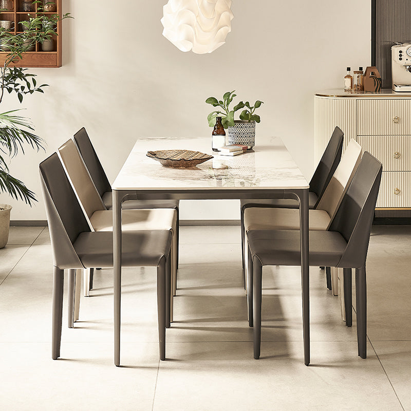 Modern Minimalist White Stone Top Black Base Dining Room Table with 4 Legs Base Clearhalo 'Dining Tables & Seating' 'Dining Tables' 'dining_table' 'furn' 'furn_dining_table' 'Furniture' 'Kitchen & Dining Furniture' 7747112
