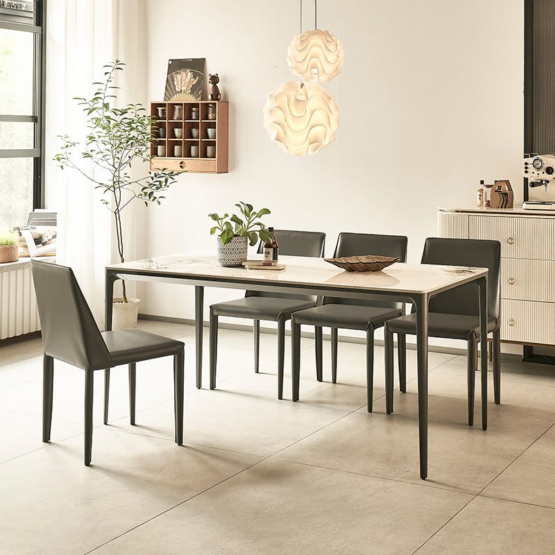Modern Minimalist White Stone Top Black Base Dining Room Table with 4 Legs Base Clearhalo 'Dining Tables & Seating' 'Dining Tables' 'dining_table' 'furn' 'furn_dining_table' 'Furniture' 'Kitchen & Dining Furniture' 7747113