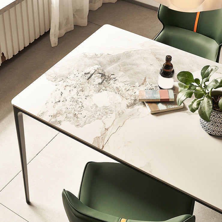 Modern Minimalist White Stone Top Black Base Dining Room Table with 4 Legs Base Clearhalo 'Dining Tables & Seating' 'Dining Tables' 'dining_table' 'furn' 'furn_dining_table' 'Furniture' 'Kitchen & Dining Furniture' 7747118