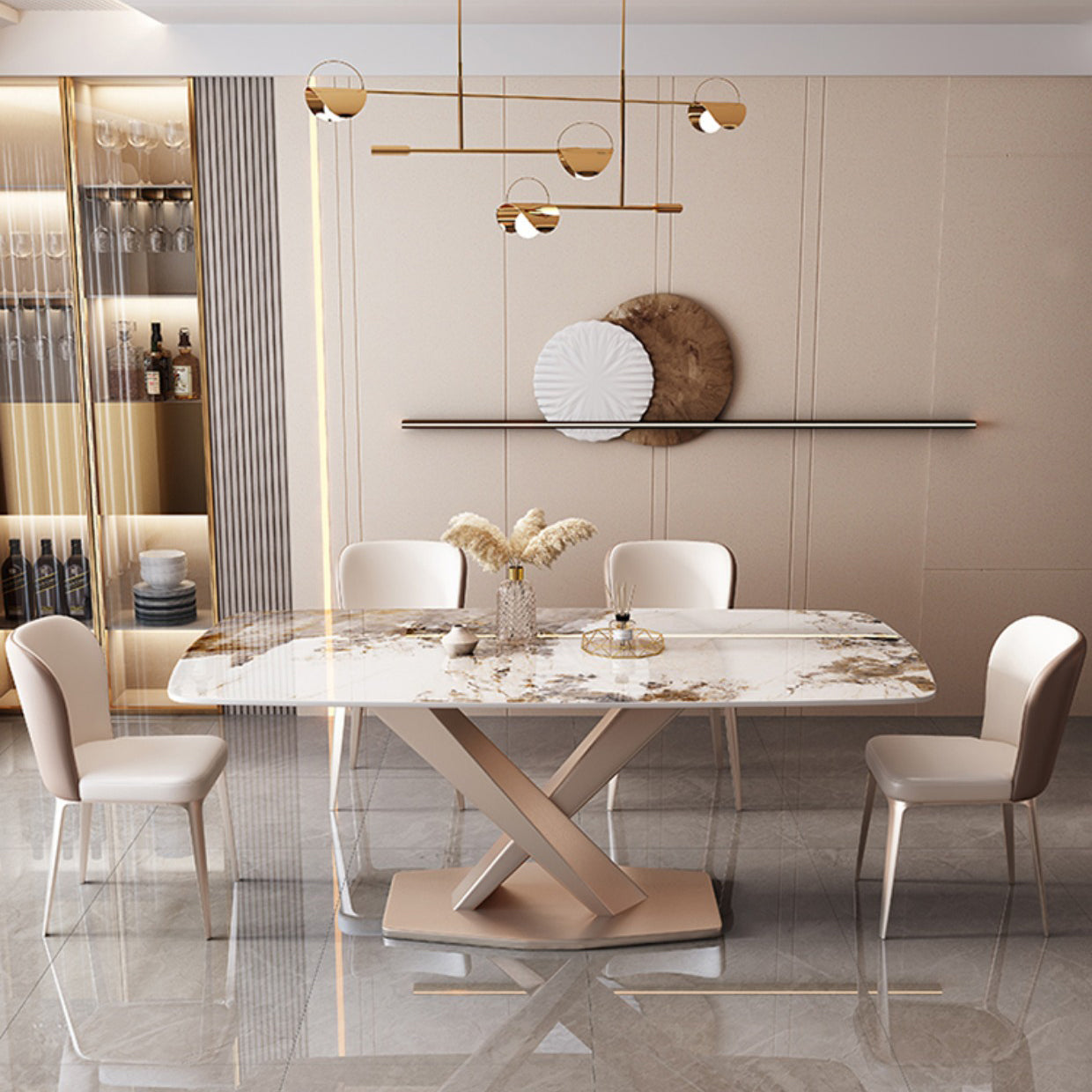 Rectangular Luxury White Stone Top Dining Table with Metal Pedestal Clearhalo 'Dining Tables & Seating' 'Dining Tables' 'dining_table' 'furn' 'furn_dining_table' 'Furniture' 'Kitchen & Dining Furniture' 7747126