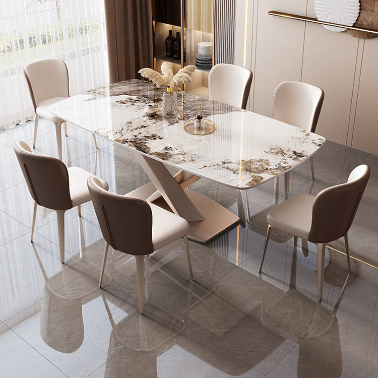 Rectangular Luxury White Stone Top Dining Table with Metal Pedestal Clearhalo 'Dining Tables & Seating' 'Dining Tables' 'dining_table' 'furn' 'furn_dining_table' 'Furniture' 'Kitchen & Dining Furniture' 7747127