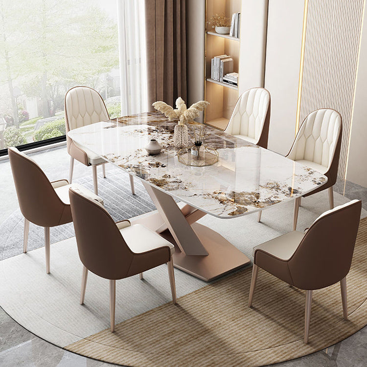 Rectangular Luxury White Stone Top Dining Table with Metal Pedestal Clearhalo 'Dining Tables & Seating' 'Dining Tables' 'dining_table' 'furn' 'furn_dining_table' 'Furniture' 'Kitchen & Dining Furniture' 7747128