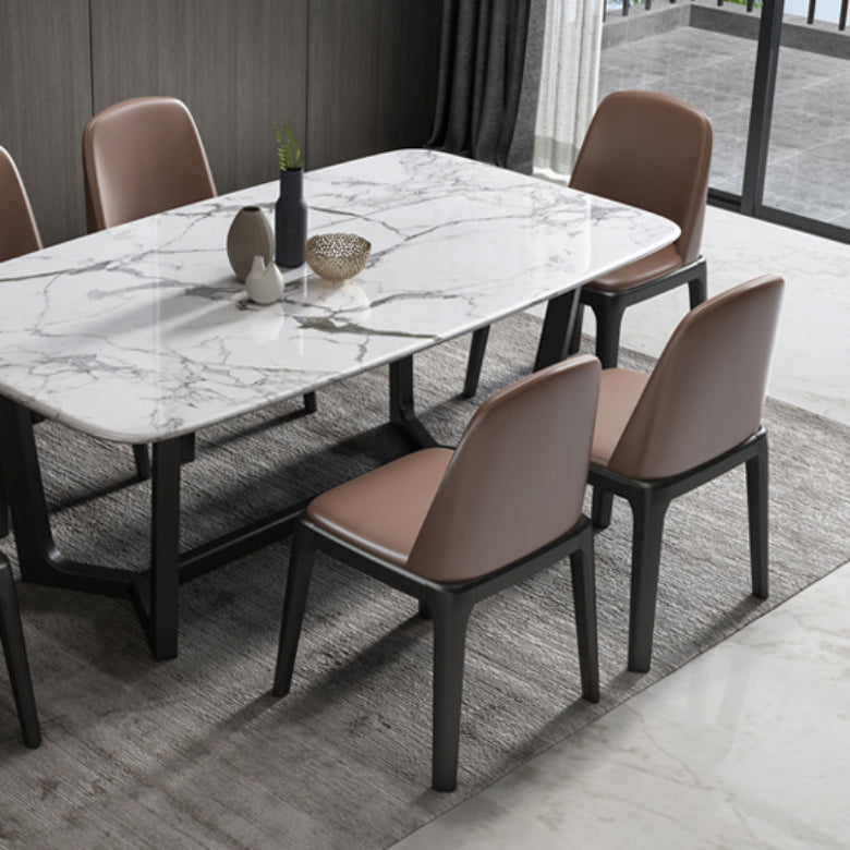 Table de dîner fixe en marbre rectangulaire de style simplicité avec base à tréteaux