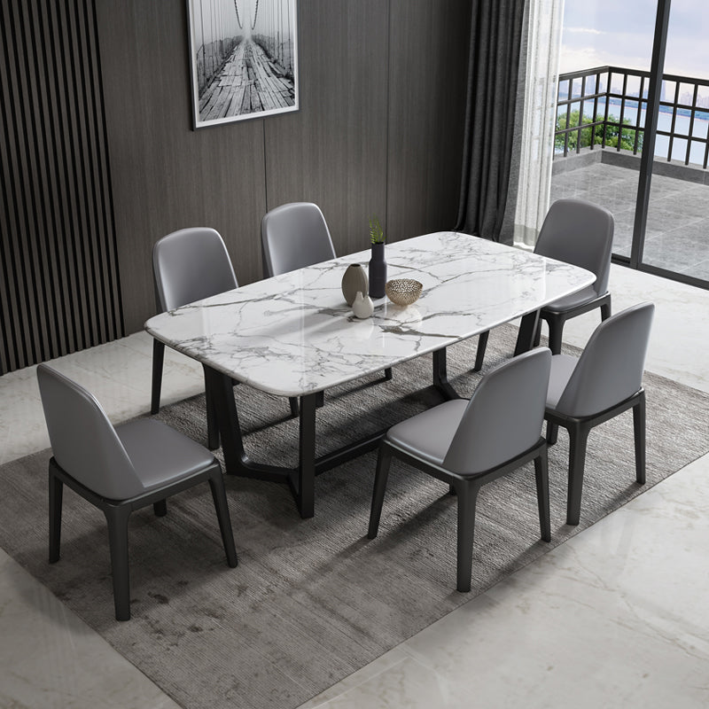Table de dîner fixe en marbre rectangulaire de style simplicité avec base à tréteaux