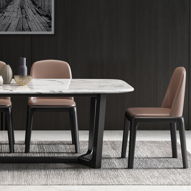 Table de dîner fixe en marbre rectangulaire de style simplicité avec base à tréteaux