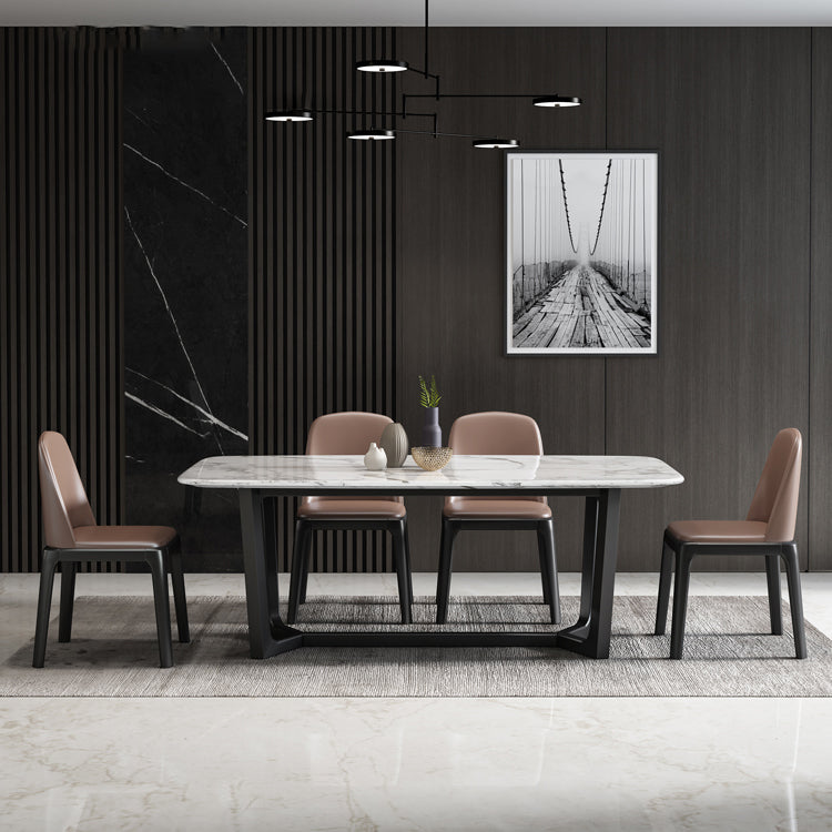 Table de dîner fixe en marbre rectangulaire de style simplicité avec base à tréteaux